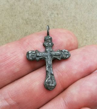 Antique Ancient Catholic Or Orthodox Silvered Bronze Rare Cross