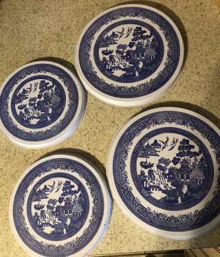 Set Of 4 Blue & White Metal Stove Top Burner Covers - Blue Willow Pattern - Rare