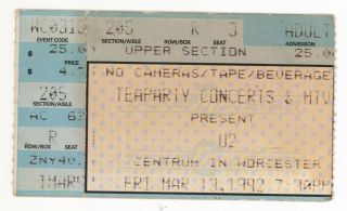 Rare U - 2 & The Pixies 3/13/92 Worcester Ma Ticket Stub U2