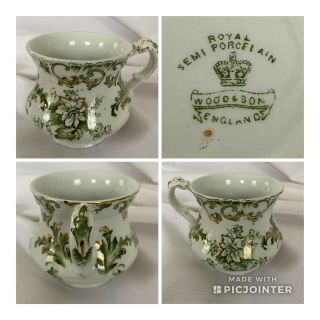 Rare Wood & Son England Wash Set Mug Cup Royal Semi Porcelain Green & White Z7