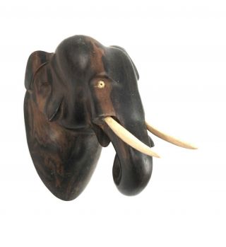 Rare Antique Hand Carved Solid Teak Wood Elephant Bust Wall Hanging