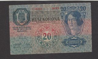 20 Kronen Vg Provisional Banknote From Transylvania 1918 Old Date 1913 Rare