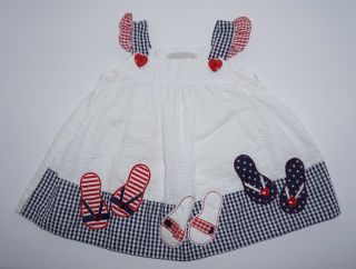 Rare,  Too Girls Dress 9 Months Red White Blue Seersucker 4th Of July Slippers