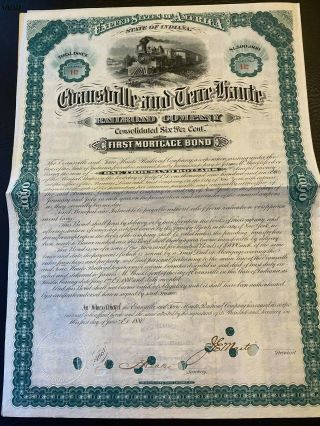 1880 Evansville & Terre Haute Railroad $1000 Bond Certificate Rare Indiana