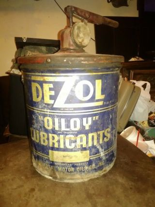 Rare Vintage Advertising Dezol Oiloy 5 Gallon Pump Oil Gas Grease Metal Can