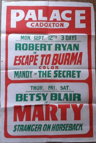 Rare Cadoxton Palace Barry Film Poster 1955 Escape To Burma Robert Ryan