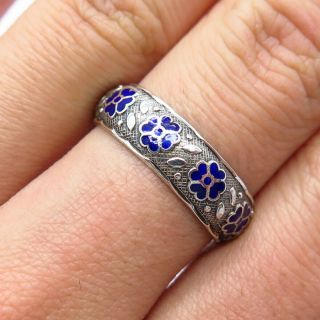 Rare Antique Chinese Silver Blue Enamel Floral Handcrafted Band Ring Size 7.  5