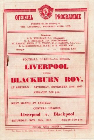 Rare Football Programme Liverpool V Blackburn Rovers 1947