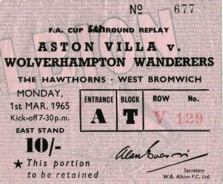 Rare Football Ticket Aston Villa Wolverhampton Wanderers Fa Cup 2nd Replay 1965