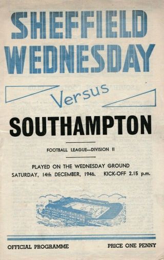 Rare Football Programme Sheffield Wednesday V Southampton 1946