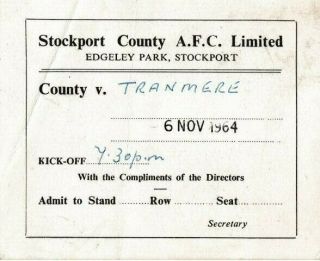 Rare Football Ticket Stockport County V Tranmere Rovers 1964