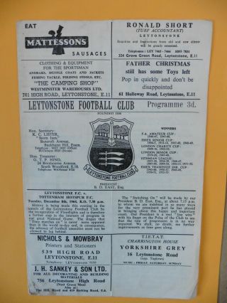Leytonstone V Tottenham Hotspur 8/12/1964 Spurs Rare Friendly