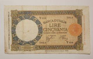 Italy 50 Lire 1940 Banknote Paper Money Vf Very Rare