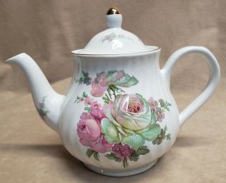 Vintage Arthur Wood Swirl Shape Teapot Floral Roses Gold Trim England Rare 6412