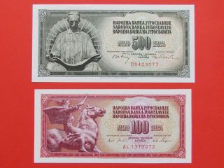 Yugoslavia (1965 & 1970) 100 & 500 Dinara Rare Bank Notes,  Gem Unc