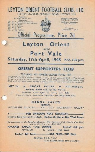 Rare Football Programme Leyton Orient V Port Vale 1948