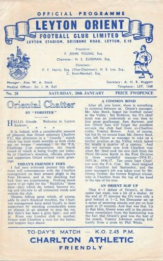 Rare Friendly Football Programme Leyton Orient V Charlton Athletic 1957