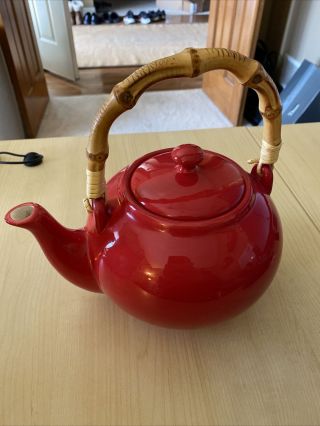 Rare Vintage Pottery Barn Sausalito Red Tea Pot With Bamboo Handle