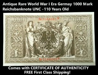 Antique Rare World War I Era Germany 1000 Mark Reichsbanknote Unc - 110 Years Old