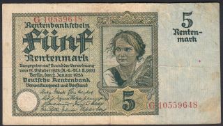 1926 5 Rentenmark Germany Rare Old Vintage Paper Money Banknote Currency Vf