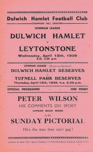 Rare Pre - Ww2 Football Programme Dulwich Hamlet Leytonstone Isthmian League 1939