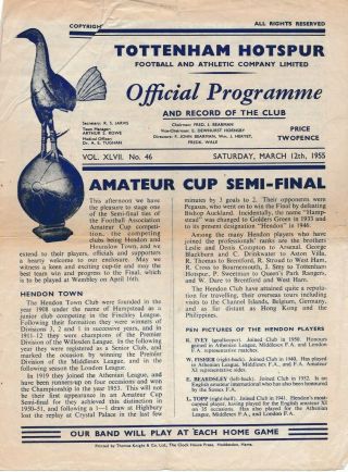 Rare Football Programme Hendon Hounslow Amateur Cup Semi - Final Tottenham 1955