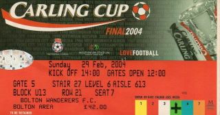 Rare Middlesbrough V Bolton 2004 Carling Cup Final Ticket 29 February 2004 Boro