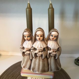 VINTAGE SINGING NUNS CANDLE HOLDERS MUSICAL HAND - PAINTED RARE /Dominica 1972 2