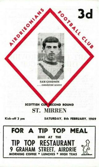 Rare Scottish Cup Football Programme Airdrieonians V St.  Mirren 1968 - 1969