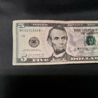 2013 $5 Dollar Bill Star⭐note Low Mh00316668 Rare U.  S.  Currency