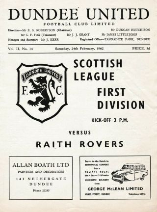 Rare Scottish Football Programme Dundee United V Raith Rovers 1961 - 1962