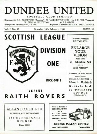 Rare Scottish Football Programme Dundee United V Raith Rovers 1960 - 61