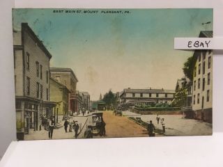 1910 Mount Mt.  Pleasant Pa.  Main St.  Ice Cream Sign,  Mill,  Trolley Rare Postcard