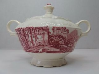 Antique Red Transferware Sugar Bowl With Lid Made In The Usa Rare