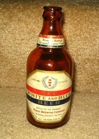 Rare Vintage Irtp Old Stubby Beer Bottle Pabst " Red White Blue " Paper Label