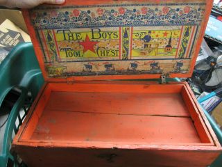 " The Boys Tool Chest " Early 1900s Antique Box W/ Wooden Toys Rare