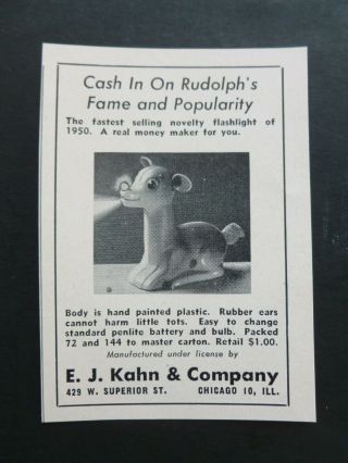 Vtg Rare 1951 Dealer Ad - Kahn & Co Rudolph Flashlight Christmas Toy 1950’s