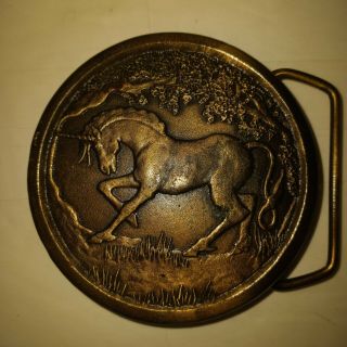 Vtg Rare Unicorn Brass Belt Buckle By Indiana Metal Craft 1976