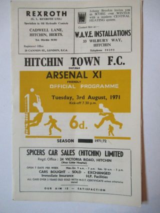 Very Rare Friendly Football Programme Hitchin Town V Arsenal 1971