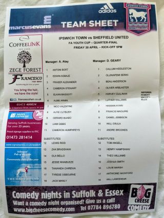 Ipswich Town V Sheffield United U18 Fa Youth Cup Official Teamsheet 2021 Rare