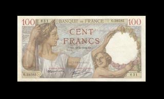 19.  3.  1942 Banque De France 100 Francs Rare ( (ef))