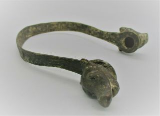 Ancient Near Eastern Bronze Vessel Handle With Twin Beast Heads Rare