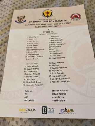 St Johnstone V Clyde Scottish Cup 17/3/2021.  Rare Double Sided Colour Teamsheet.