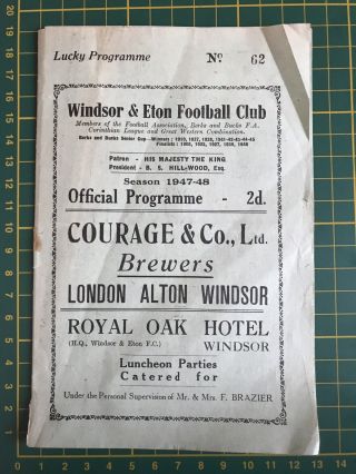 Windsor & Eton V Wallingford Town B & B Senior Cup 2nd Round 1947 Rare Programme
