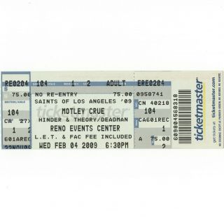 Motley Crue Full Concert Ticket Stub Reno 2/4/09 Saints Of Los Angeles Tour Rare