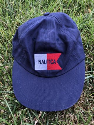 Rare Vintage Nautica N 983 Flag Spell Out Logo Stretch Hat Cap Yachty 90s Navy