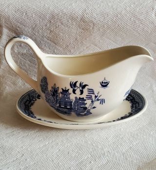 Rare Vintage JAPAN Blue Willow Gravy Boat With Underplate 2