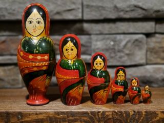 Vintage Rare Set Of 6 Matryoshka India,  Nesting Dolls.  5.  5 Inches
