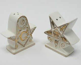Rare Vtg Porcelain Masonic Salt & Pepper Shakers Kistner Chicago Japan Gold Gild