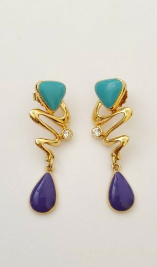 Vintage Rare Avon Dangle Purple & Torquoise Gold Tone Triangle/teardrop Earrings